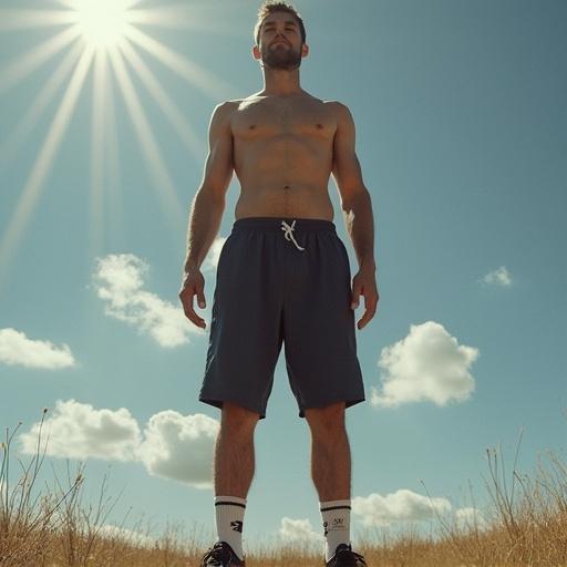 Photograph of a tall athletic man standing confidently outdoors. Bright sunlight illuminates the scene. The man is wearing athletic shorts and is looking ahead. Grass in the foreground and blue sky with clouds in the background.