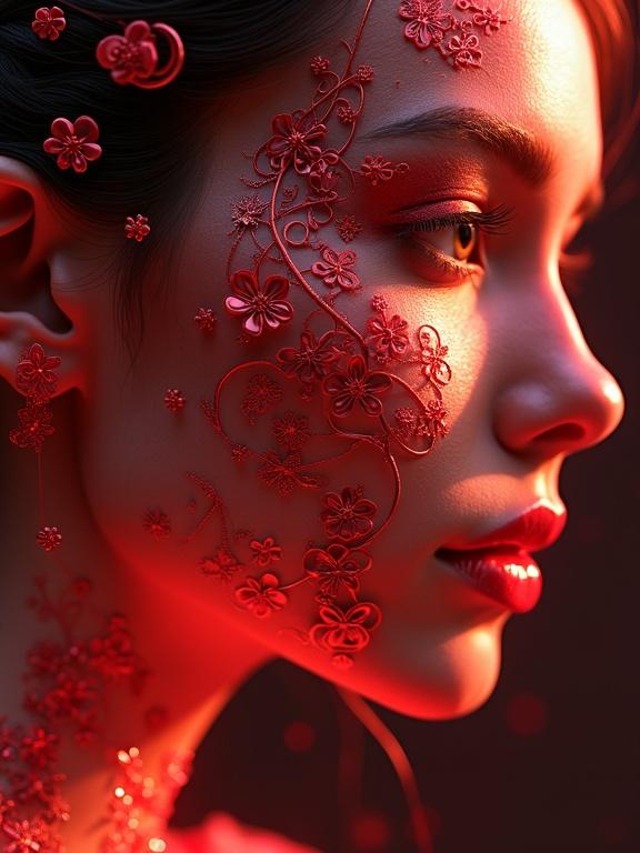Hyper-detailed portrait of a model with red floral designs on the face. V-shaped patterns and zentangle techniques used. 8K resolution. Dramatic lighting creates depth.