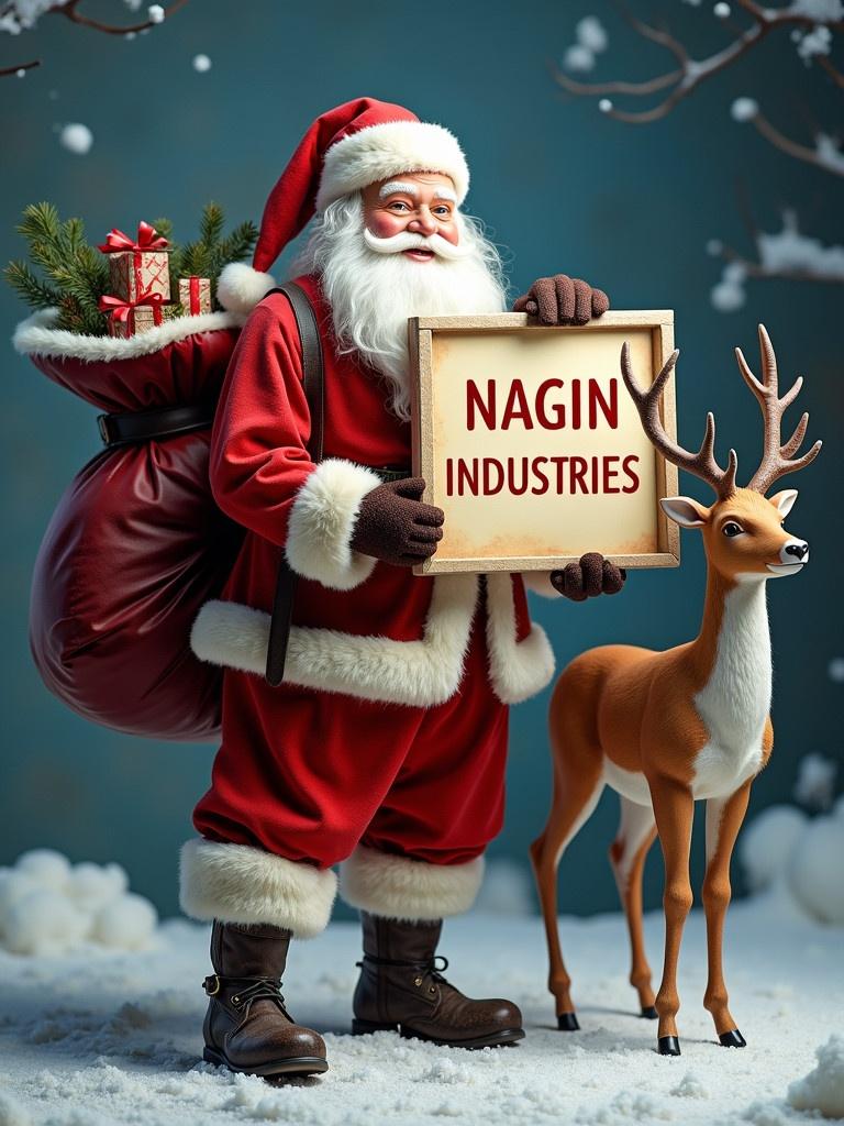 Santa Claus in traditional red and white attire. Deer standing beside him. Gifts bag on his back. Santa displaying a board that says NAGIN INDUSTRIES.