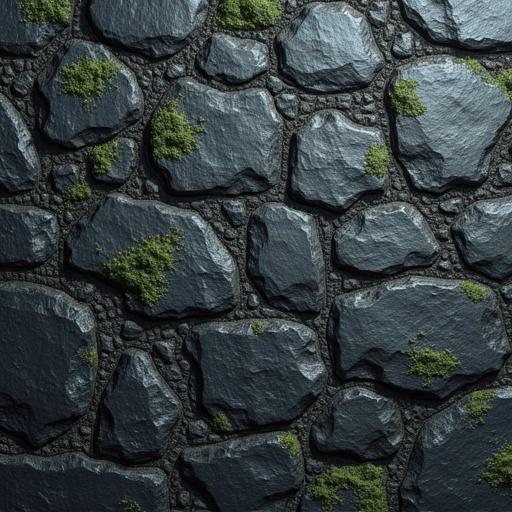 Perfect seamless texture pattern of an ancient dark stone wall. Dark gray and charcoal stones with black oily ooze. Flat color variations with subtle moss patches. Even coloration across the surface without any lighting effects. Ideal for game environment use.