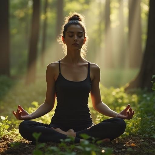 Woman meditates in a serene forest. She embodies tranquility with hands in a meditative pose. Soft sunlight filters through trees. Natural setting enhances relaxation.