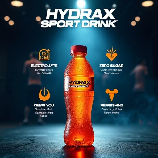 Product card design for a sport drink bottle in a dark gym setting. Infographic elements with icons and texts highlight benefits. Main title is Hydrax Sport Drink. Focus on product and texture details in a balanced composition.