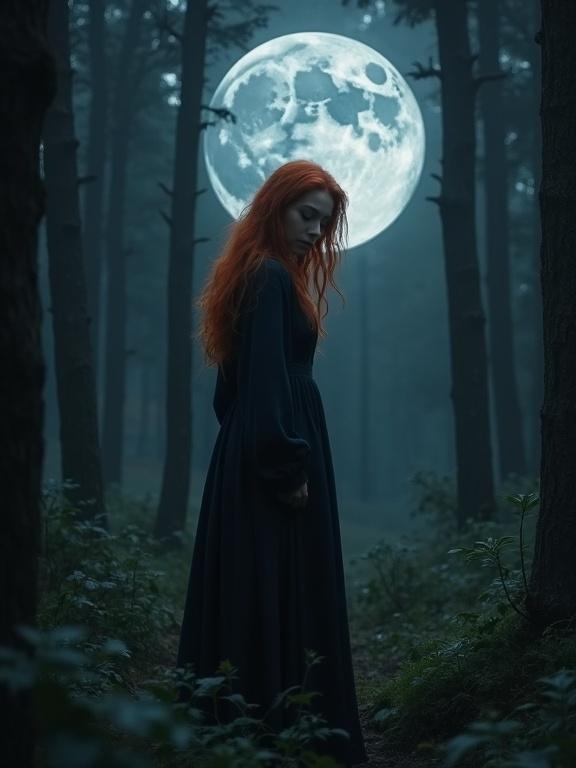 A woman with red hair stands in a dark and dense forest. She looks down, wearing a long dark medieval robe. A large moon illuminates the scene. The setting is night and features a realistic, hyperrealist style with backlighting.