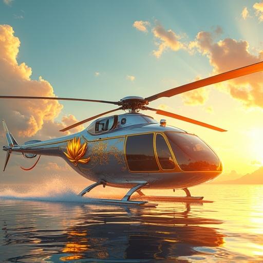 Anime style helicopter scene, futuristic design, luxurious and oversized helicopter with a golden lotus print, set against a summer morning sky in Sydney, reflecting on the water.