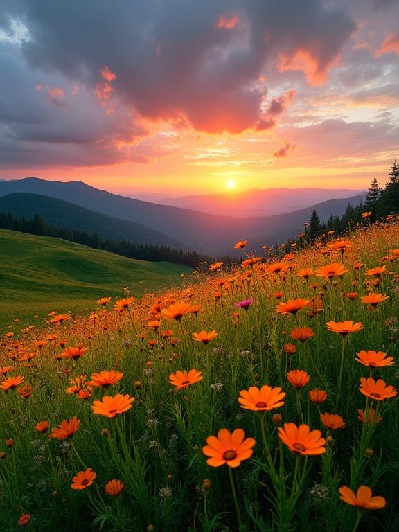 A stunning landscape with a field of wildflowers in focus. The sunset sky is vibrant with rolling hills in the background. Numerous bright orange wildflowers bloom across a lush green meadow. Pink and yellow accents are visible in the flowers. The flowers have a star-like shape and are small and delicate on slender green stems. The meadow slopes downward into green forested hills and valleys. A gradient sky transitions from deep blue to warm orange,pink, and purple at the horizon. Fluffy clouds reflect sunset hues, enhancing depth. The scene is serene and picturesque, evoking natural beauty and peaceful solitude.