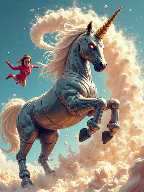 Superheroine Star-Girl flies toward a syrup bathtub. A vending machine transforms into a robotic unicorn with chrome armor and glowing eyes. The unicorn shoots whipped cream and glitter, creating a colorful storm. Star-Girl is caught in the vortex. The image is chaotic, colorful, with cartoon energy.