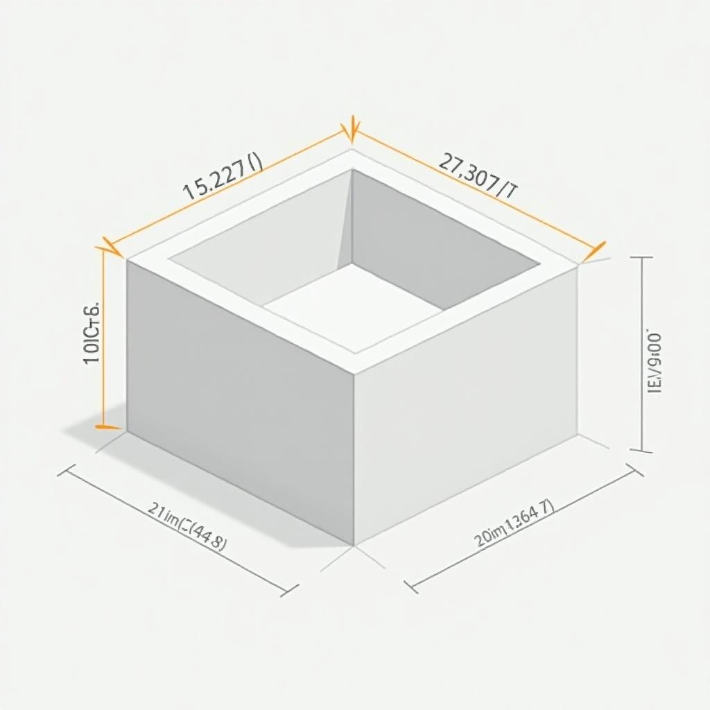 Illustration of a rectangular box with detailed dimensions. Includes measurements in yellow for length, width, height in inches. Isometric perspective shows 3D nature. Presented against gray background for visibility. Valuable for engineering and architectural reference.