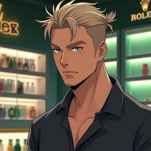 Anime character in a Rolex shop. A handsome young man stands confidently. He has silver eyes and short light brown spiky hair with a ponytail. Wearing an expensive polo shirt. Appears muscular with 6 pack abs. Calm expression with wedding ring on middle finger. Modern and upscale atmosphere. Light gold and onyx black color scheme. Character described as a quarter Brazilian and a quarter French and Japanese.