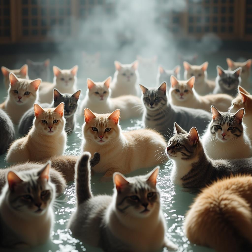 A collection of cats in a hot spring at a ryokan. Different colored cats taking a bath and warming themselves. Faint steam surrounds the cats. No people are present; only the cats are visible.