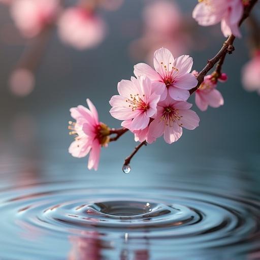 Delicate cherry blossom branch with petals falling into clear water. Ripples form around them. Scene conveys impermanence and acceptance with soft natural light. Macro photography shows tranquil and poignant beauty in high detail.