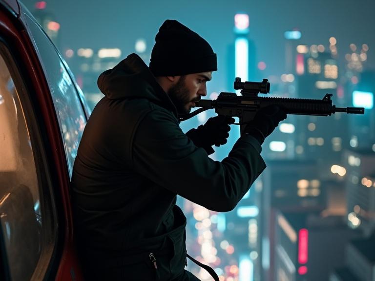 Athletic Italian man dressed in all black with a black beanie on stubble handsome swinging from a helicopter ladder while shooting an SA80 machine gun in a neon city at night