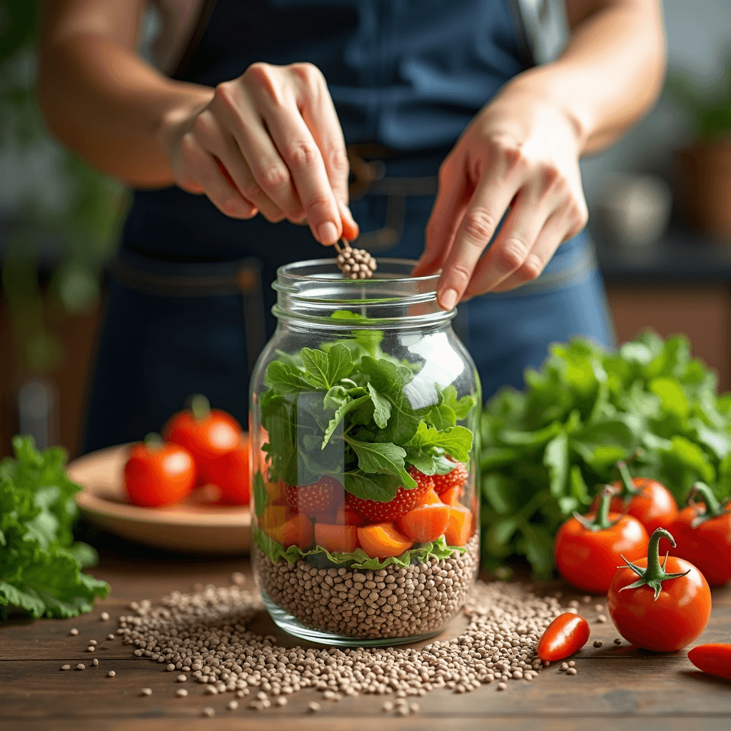 A person fills a jar with layers of fresh vegetables and grains in a rustic kitchen setting.