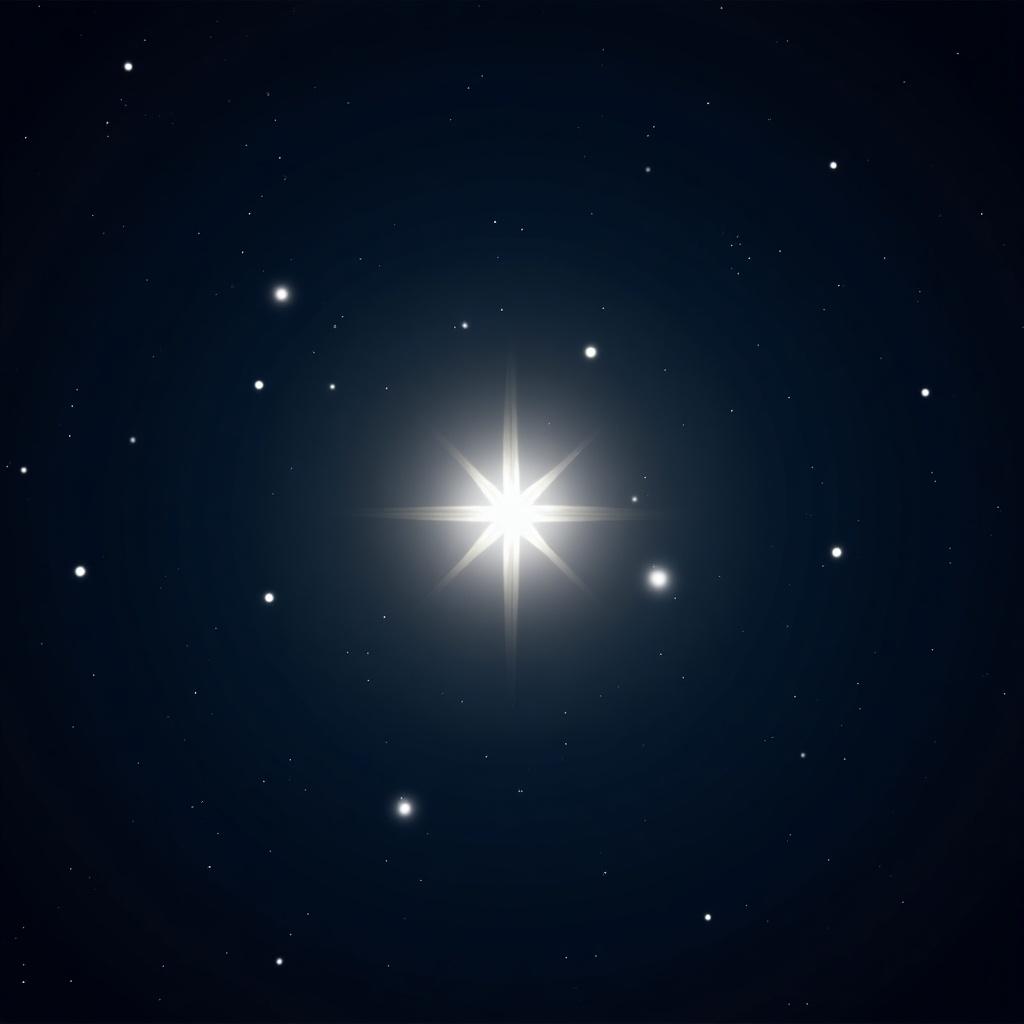 Bright star in a dark night sky. Twinkling stars surround the bright star.