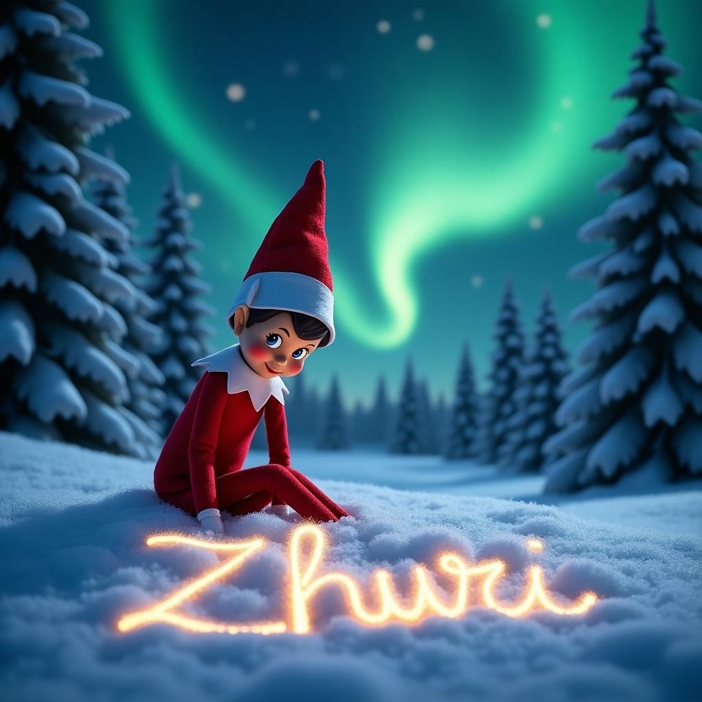 An animated elf wears a red outfit sitting in the snow writing the name 'Zhuri'. The name is in cursive and magical. The background has a night sky with northern lights. Snow-covered pine trees enhance the holiday charm.