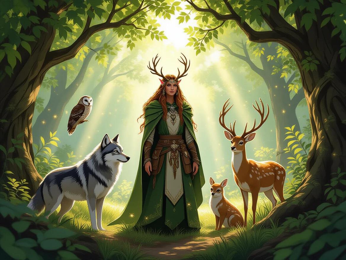 A nature-themed fantasy illustration featuring a druid in a cloak surrounded by a wolf, owl, and deer. The setting is a glade with sunlight filtering through the leafy canopy. The scene showcases detailed foliage with a warm mood and magical sparkles, rendered in vibrant detail.