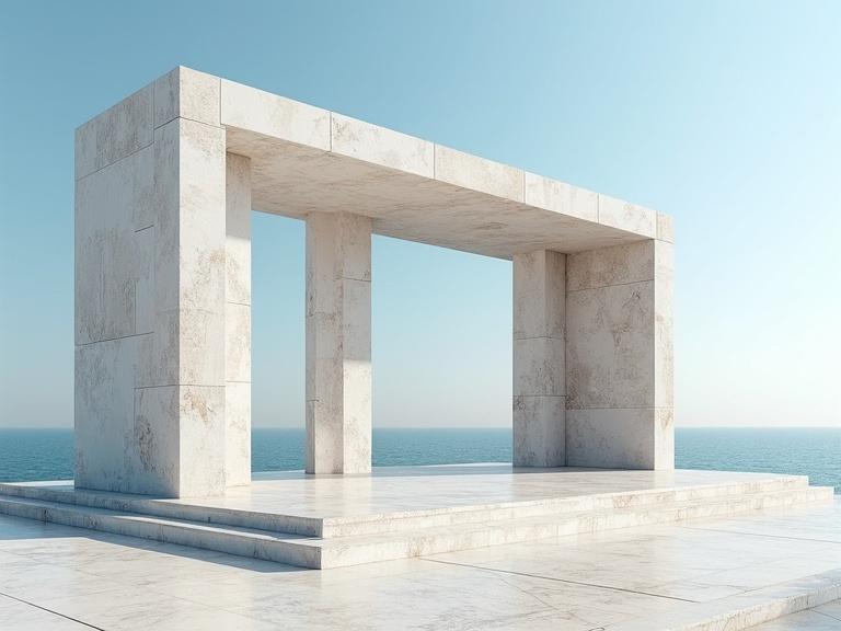 Architecture features an abstract monument constructed from stone slabs. The structure stands in an abandoned area with a horizontal layout. An ocean backdrop provides a serene view under a clear sky.