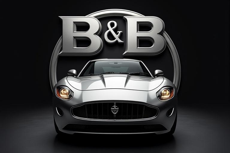 Logo design features B&B Automobiles. A silver Jaguar E-Type is front and center. Behind the car are two mirrored B letters. A gradient from black to silver highlights the emblem. The car appears sporty and dynamic with headlights illuminated.