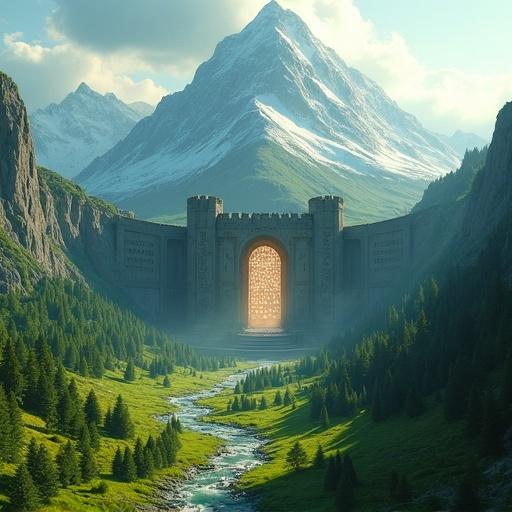 Ultra-wide cinematic shot of Erebor during its golden age. Majestic mountain rising from lush green plains. Snow-capped peak shining in morning sun. Immense stone gates at base glow with enchanted light. Carved terraces and Dwarven statues visible. Lush rivers and forests surrounding the mountain.