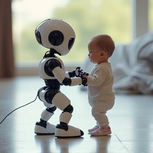 Robot teaching a baby robot to walk in a bright room. Soft lighting highlights the interaction. Robot and baby positioned facing each other