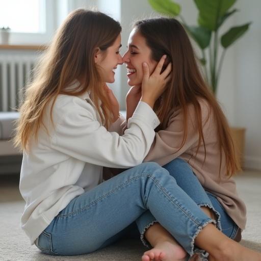 Smiling barefoot girl wearing jeans sits on floor with feet touching her friend’s face. Both show joy and playfulness in relaxed indoor setting.