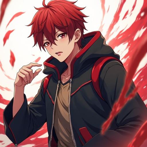 Anime character with red hair. Wearing a black hoodie with a red outline. Dynamic pose with fingers poised. Background featuring swirling red energy.
