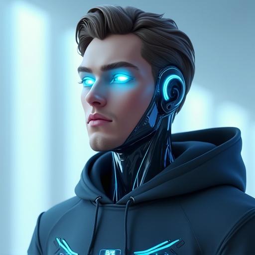 Futuristic friendly male AI avatar. Semi-human face. Glowing blue cybernetic eyes. Smooth metallic skin with circuit patterns. Wearing minimal high-tech hoodie. Soft blurred background with light-blue and white tones. Pointing to the left. Calm intelligent approachable expression. Stylized vector art high resolution clean lighting no text.