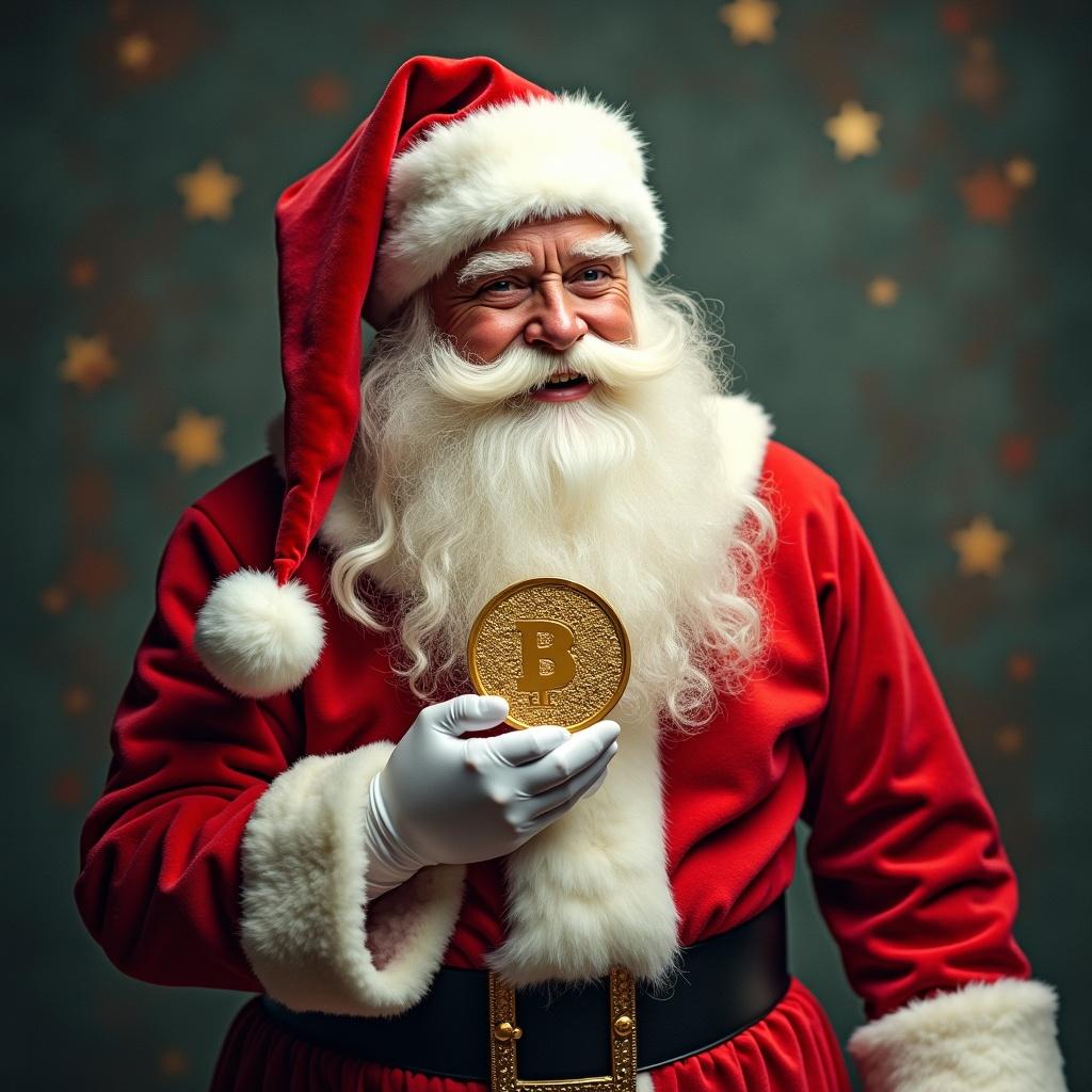 Santa Claus in a festive red suit holds a Bitcoin coin. Background features gold stars creating a holiday atmosphere.