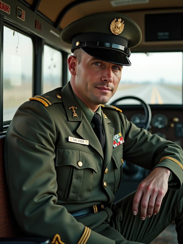 A male soldier dressed in a green army uniform sits inside an army bus. The bus interior is visible. The soldier has military medals and insignia on the uniform. The setting suggests a warm climate. The focus is on the soldier in a contemplative pose.