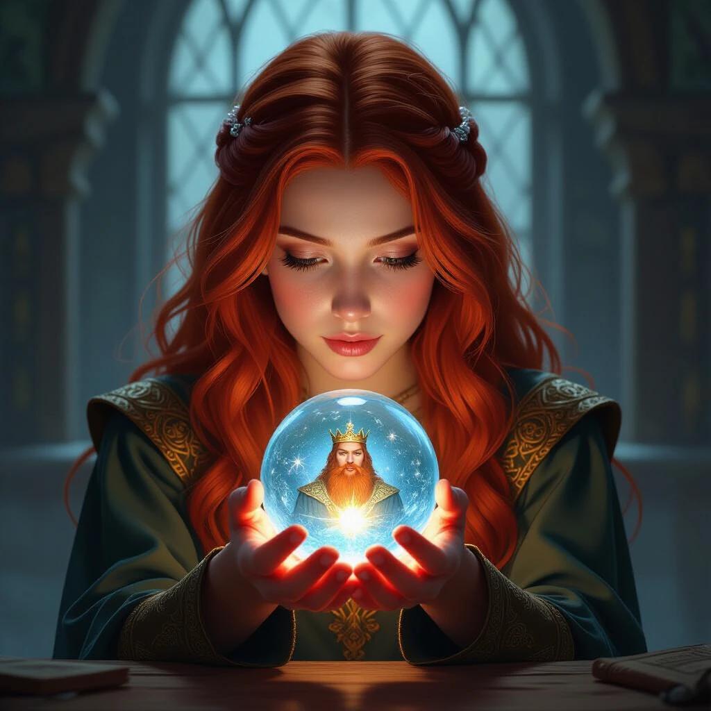 Torina grips a tiny crystal ball. She gazes into it intently. The image of her father appears inside the crystal ball. The setting is medieval fantasy. She has striking red hair. The scene has an ethereal look.