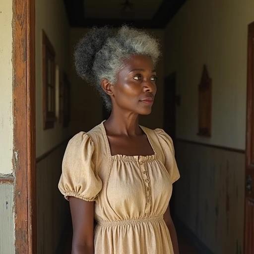 Image of 100 year old African-American woman in house dress. Hair styled in a bun. Background of simple home setting.