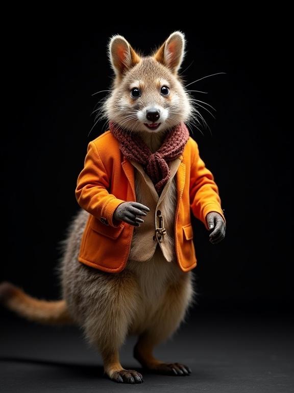 Image of quokka dressed in 1970s fashion walking on a catwalk. Black background enhances subject. Unique outfit looks realistic. Expert lighting and shadows create dynamic appeal. Close camera focus captures details. Unconventional angle attracts interest.