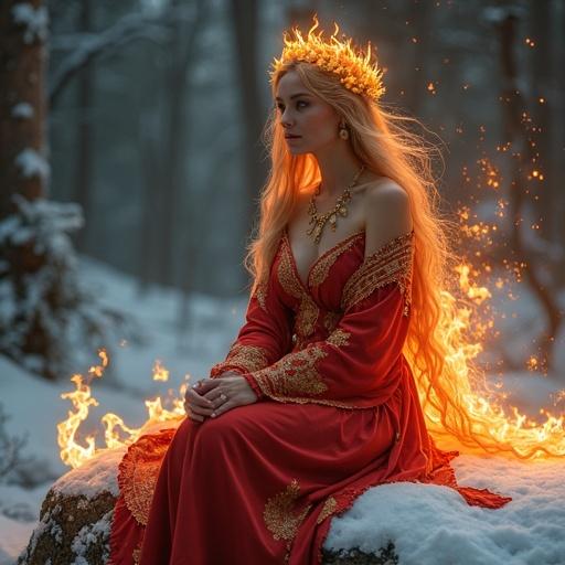 Mature female fire spirit sits on a snow-covered rock. She wears a flowing robe of platinum and deep crimson with flame-like edges. One shoulder is exposed and robe ends above her knees. Long golden-amber hair flows adorned with a delicate tiara. Gold and amber jewelry decorates her body. Aura of flames surrounds her with small flame spirits. Scene in twilight light. She has a three-quarter seated pose.