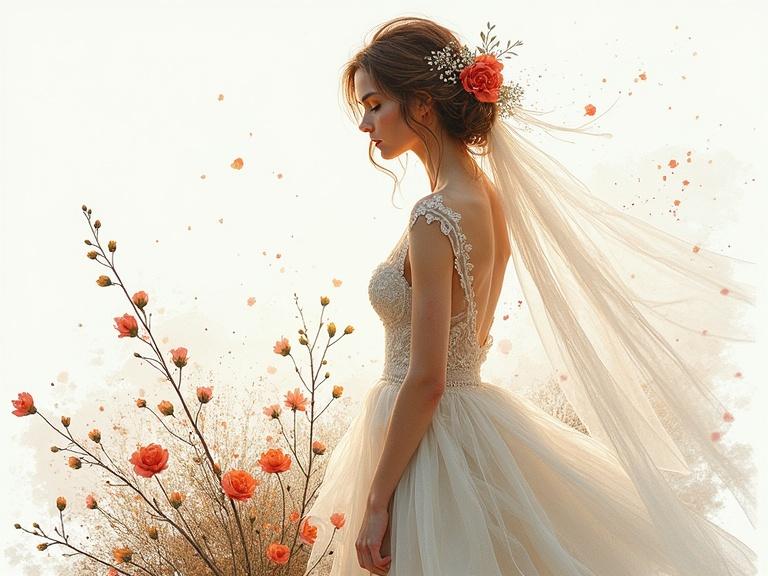 A bride stands gracefully in a garden. She wears a delicate floral crown. The wedding dress is elegantly detailed. Surrounding her are flowers and soft colors. Background features splashes of white space. This is a watercolour artwork blending unique artistic styles.