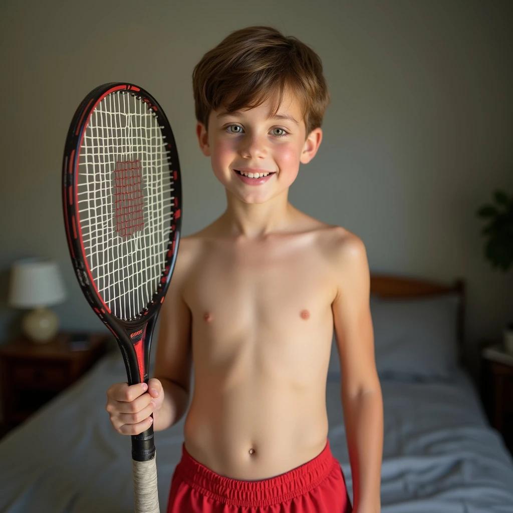 Portrait of a young boy with brown hair and green eyes. Shirtless and wearing red sport shorts. He stands in a room holding a tennis racket. The setting has simple decor.