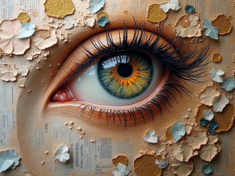 Masterpiece 3D multi-layered artwork featuring a detailed eye and textures. Elements include oil painting, newspaper, jute fibres, wood, and sand. Mixed media textures showcase glittering confetti and origami as collage elements. Includes scratches, drops, and tears creating depth and surface feel. Luminous and beautiful composition evokes emotions.