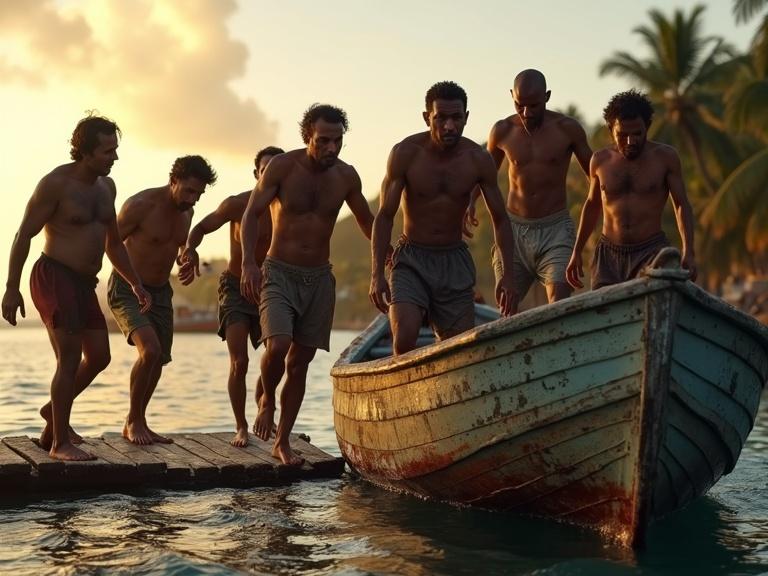 Seven exhausted adults stepping off a weathered wooden boat onto a rustic dock at a tropical harbor. Drenched and torn clothing clings to their bodies. They display fatigue, pain, and relief, leaning on each other or gripping the boat. Warm sunset light highlights their suffering against a peaceful background.