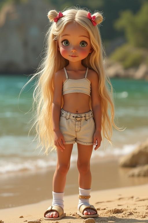 A girl stands on the beach. Long blonde hair styled with clips and bows. She wears a tight Disney-themed crop top and denim shorts. Feet adorned with white socks and sandals. The background features a beach scene with clear water and rocks.