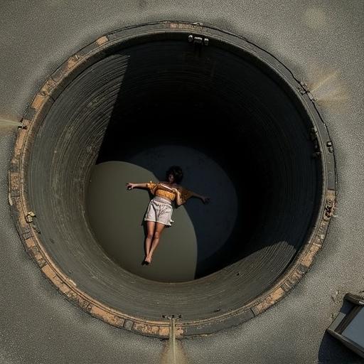 View looking down a well under a manhole cover. From above, a person is on the ground. They seem to be sunbathing. Light comes from above.
