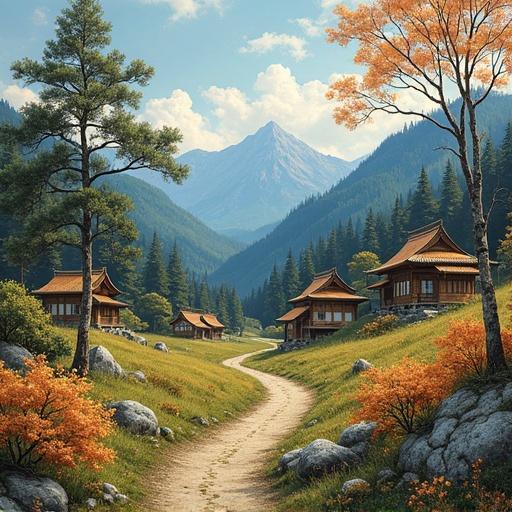 Landscape with vintage Japanese village huts. Oil painting style. Abstract acrylic paint. Surrounded by mountains and trees. Colorful flowers and plants in the forest.