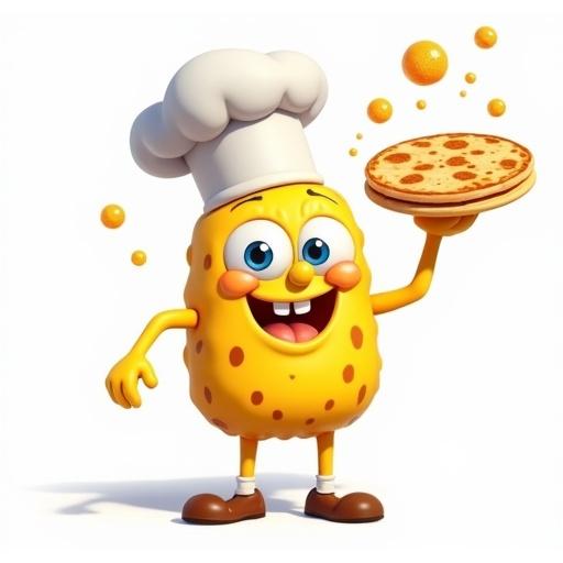 Illustration of a cheerful yellow anthropomorphic sea sponge dressed as a chef. He is wearing a tall chef hat and a white apron. In his right hand, he holds a large frying pan. An omelet is in mid-air as he flips it. His eyes are big and expressive, showing excitement. The background is pure white for contrast.