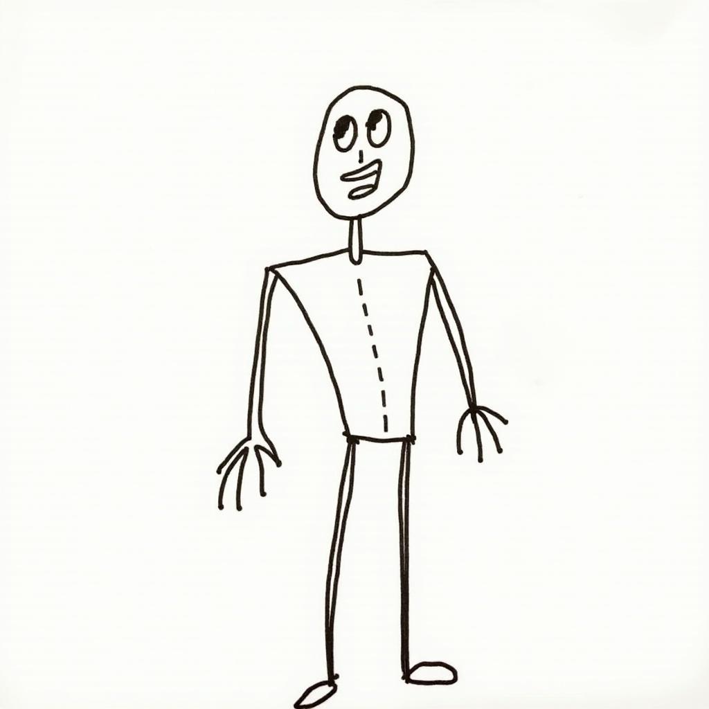 A simple black and white drawing of a stickman. The stickman stands upright with stick arms and legs. The head is round with large eyes and a smiling mouth. The body is a basic shape without detail.