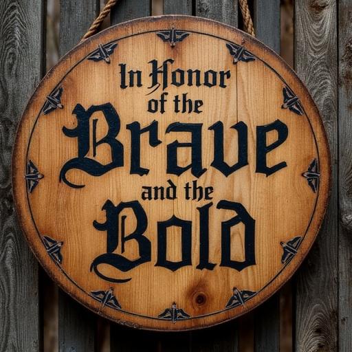 Wooden sign features text In Honor of the Brave and the Bold in dark gothic typography. The sign is hung on a wooden fence.