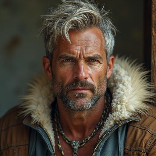 A person wearing a stylish jacket with a unique hairstyle is standing outdoors. The setting conveys a casual and adventurous vibe. The background has soft blurred colors suggesting nature.