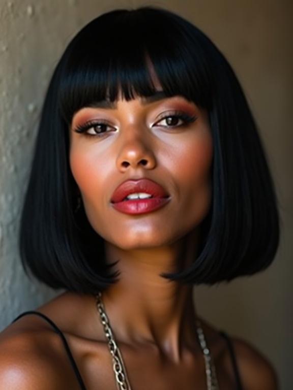 Medium-height model with jet-black bob and warm olive skin. Features are symmetrical with bold brows and a clean cat eye. Velvety red lips and a calm but commanding presence. Reflects inner discipline and high fashion.