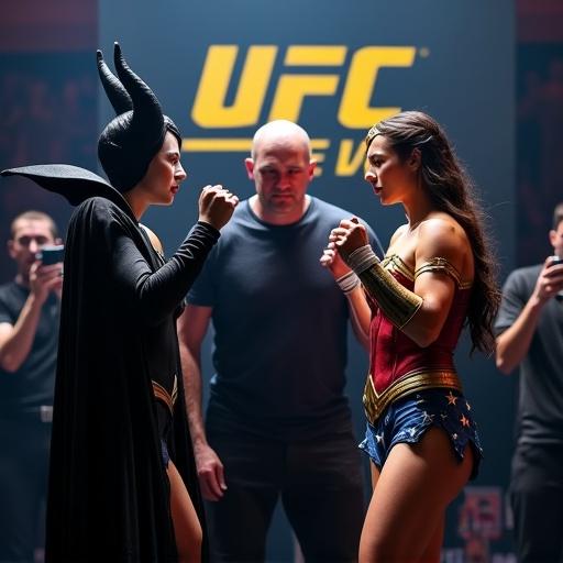 Dramatic confrontation between two iconic figures. Maleficent in a southpaw boxing stance. Wonder Woman in an orthodox boxing stance. UFC branded backdrop. Dimly lit venue with vibrant lighting highlights. Detail-rich composition representing blend of fantasy and combat sports.