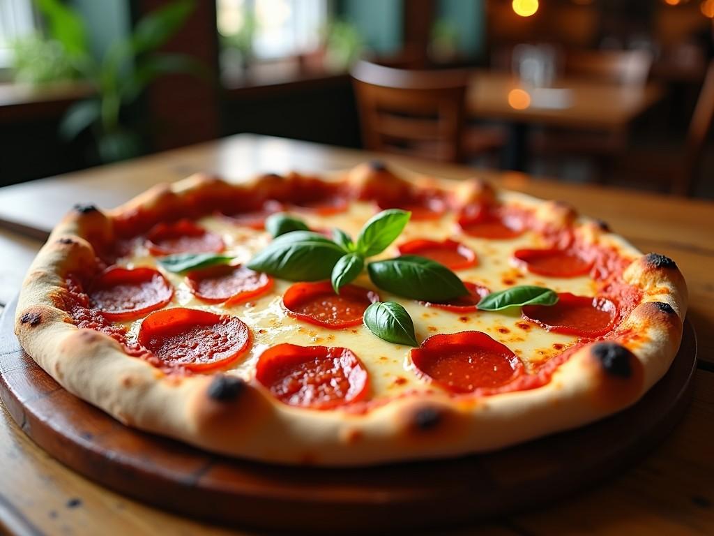 A delicious pizza topped with pepperoni and fresh basil sits on a wooden tray. The warm colors of the pizza, including red tomato sauce and golden cheese, stand out against the rustic wood. The setting has a cozy atmosphere with soft lighting. The low angle captures the inviting textures and toppings of the pizza. This image highlights a common favorite in Italian-American cuisine.