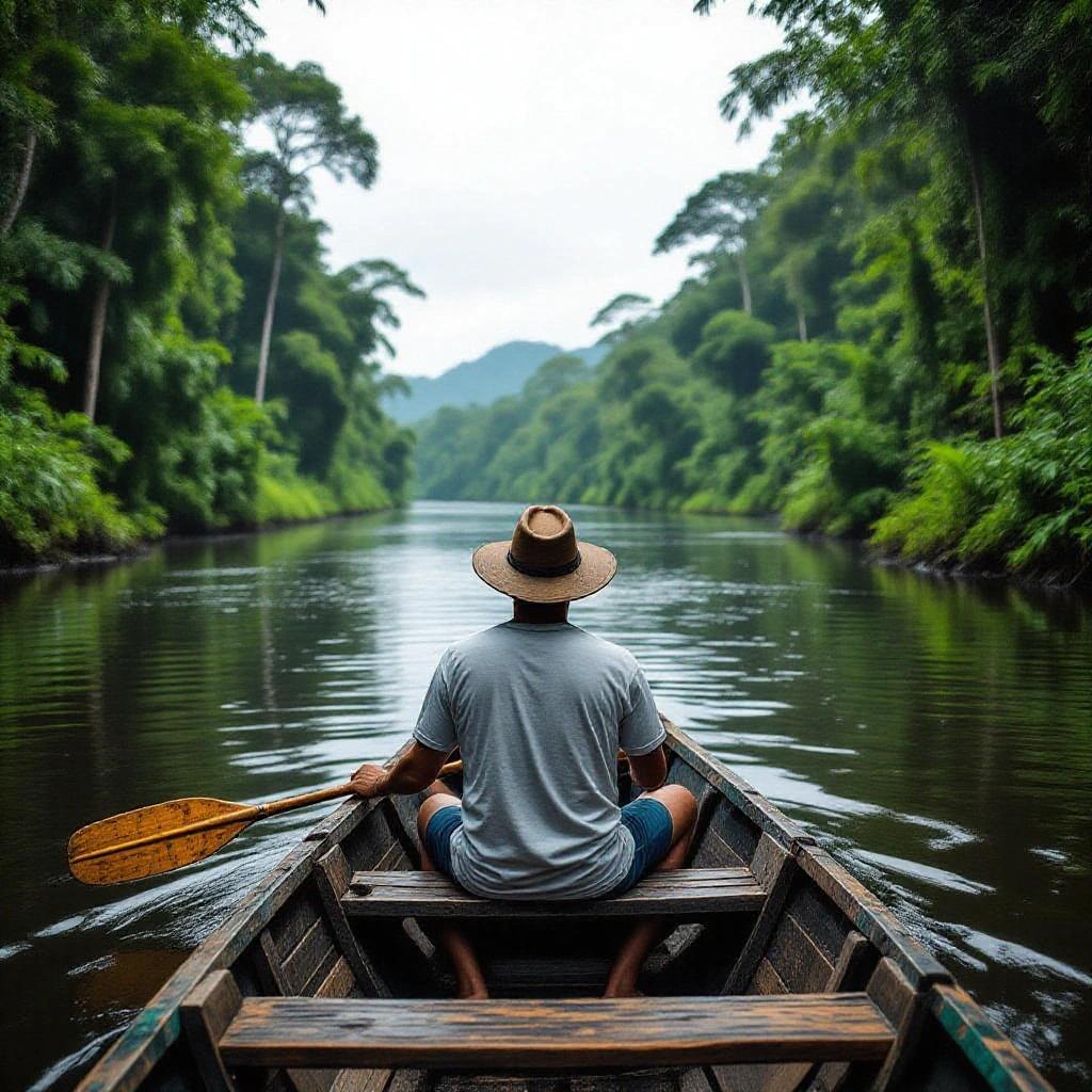 A man in a boat navigating through the Amazon jungle with dense foliage on both sides and mountains in the distance.