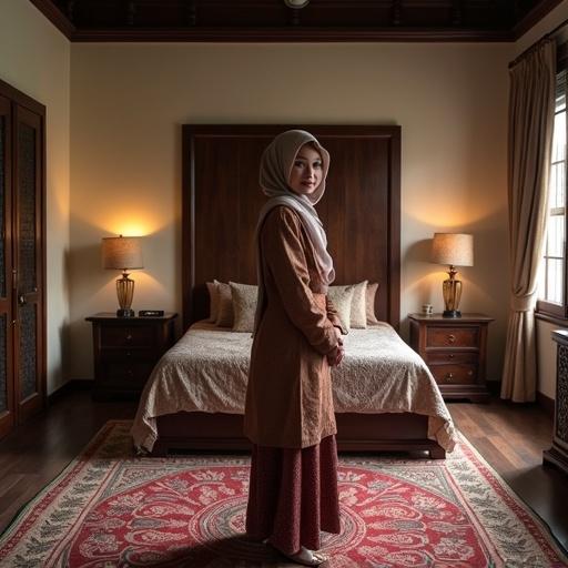 Beautiful traditional Javanese bedroom features a Javanese woman in hijab and kebaya standing centrally. The woman is visible from head to knees.