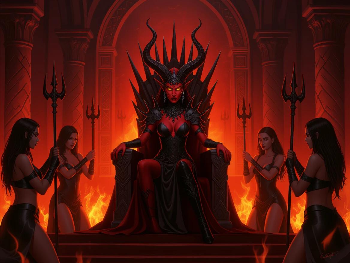 Demon Queen sits on an ornate throne surrounded by fire. She has red and black skin, golden eyes, and horns. Women in leather perform a ritual. A blond Paladin kneels, her armor is dull, with broken weapons nearby. The scene shows a dark contrast between power and defeat.