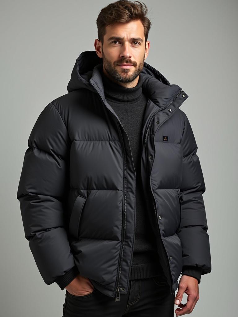 A male model showcases a corporate puffer jacket. The jacket is a modern design. The color is primarily black. The model is standing against a simple background. The focus is on the jacket's features and fit.